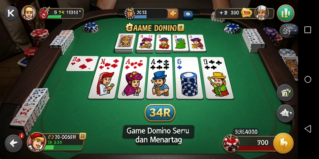 Screenshot gameplay 34R dengan tampilan pemandangan meja domino.