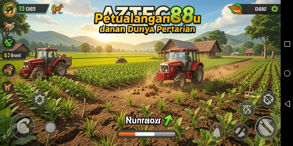 Screenshot gameplay AZTEC88 dengan pemandangan ladang yang indah dan tanaman beragam.
