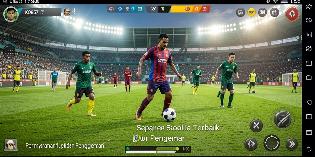 Tampilan gameplay seru di lapangan sepak bola dengan pemain berkualitas.