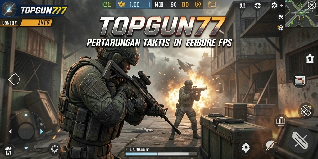 Screenshot TOPGUN77 menampilkan pertarungan intens di arena FPS.